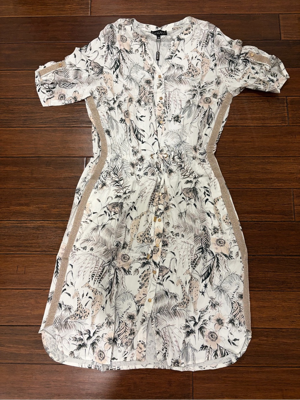 Unique and Beautiful Light Floral/Animal Midi Dress with Gold Trim - Women